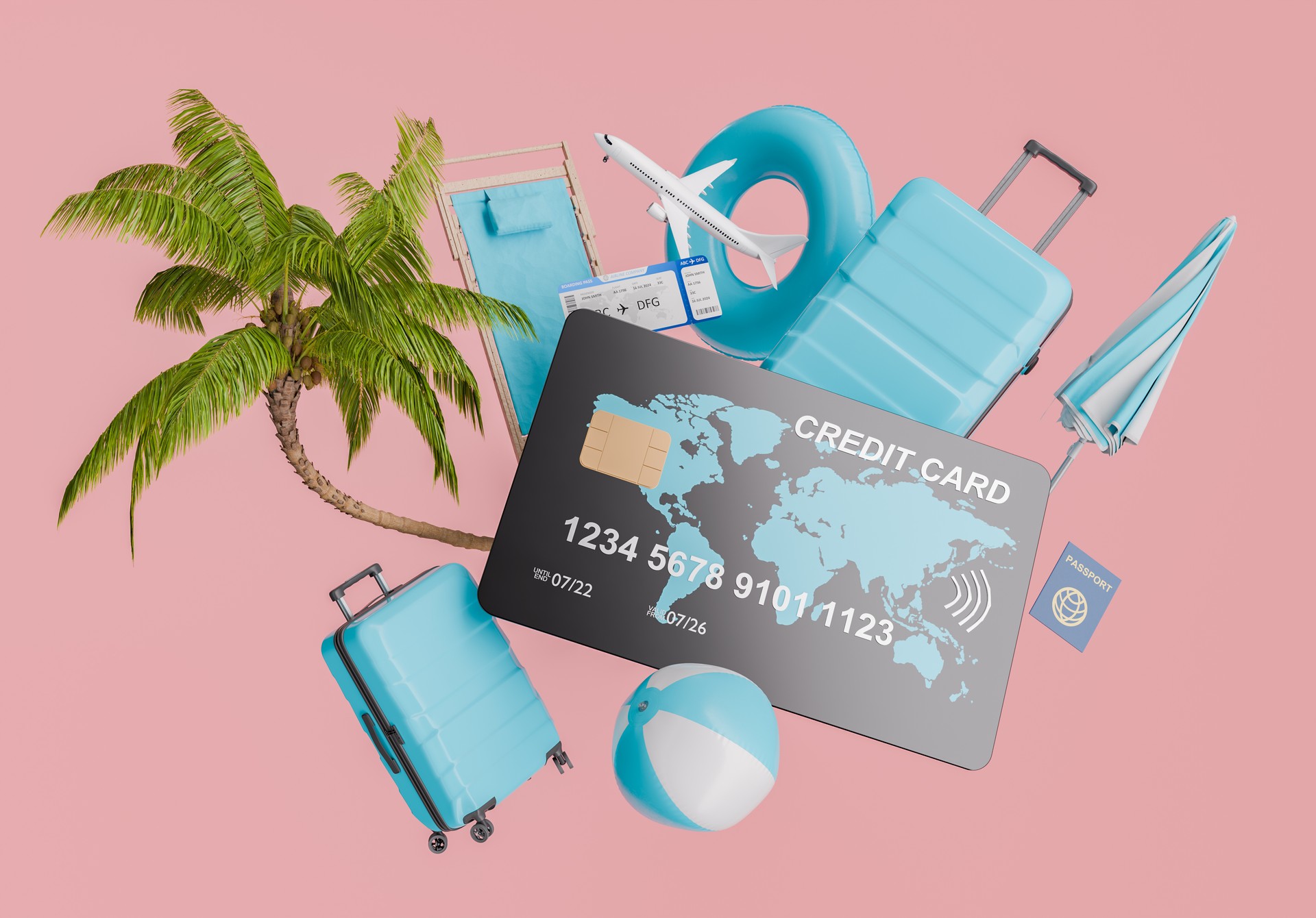 Travel Essentials with Credit Card and Luggage on Pink Background